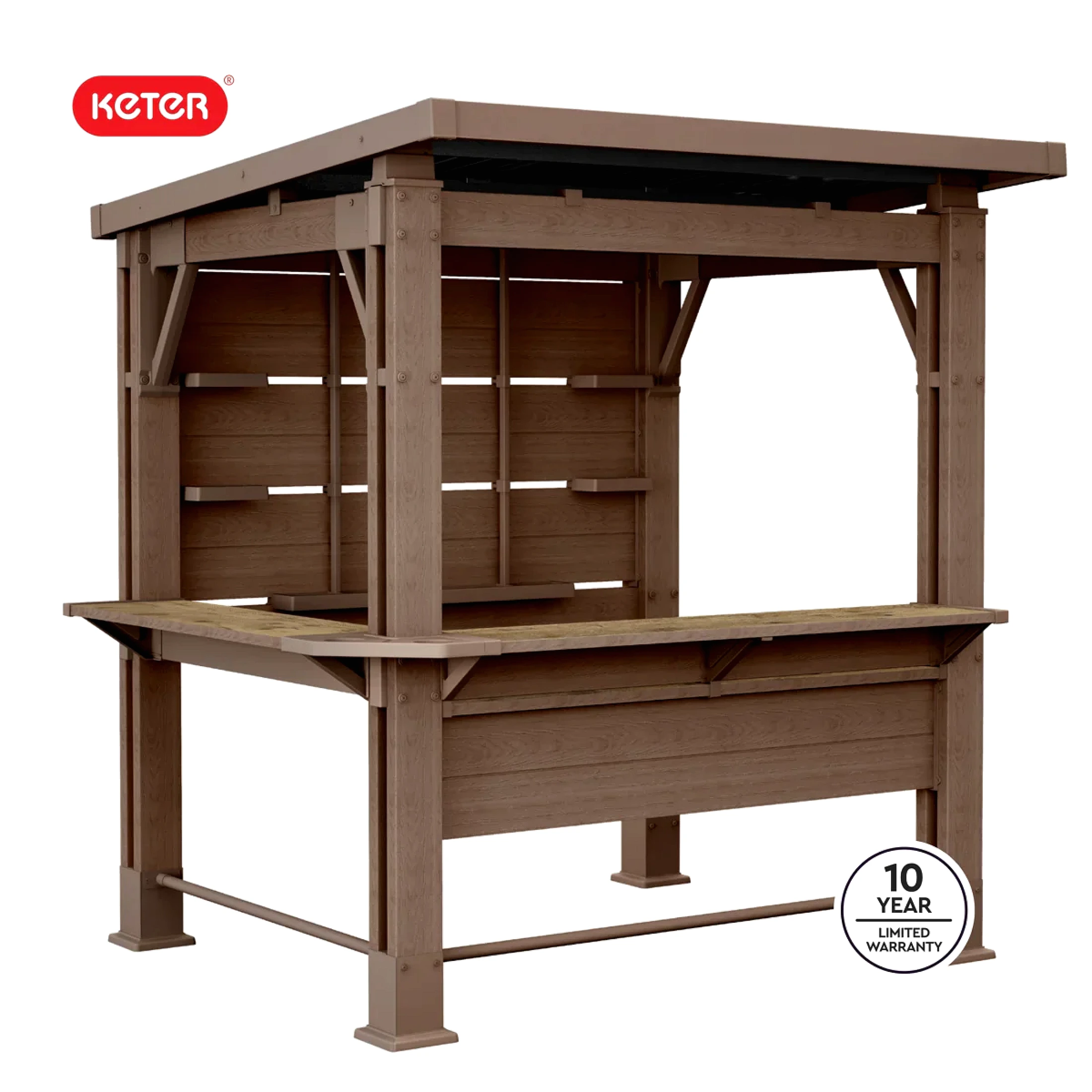 vitcher-llc-vitcher-llc-keter-signature-collection-7-5-x-6-5-ft-bar-gazebo-with-shelves-an-01-20260725082822-dcd5d87d.webp Shtine Garden 7.5 x 6.5 ft Bar Gazebo with Shelves and TV Mount, Pine Brown - Image 1